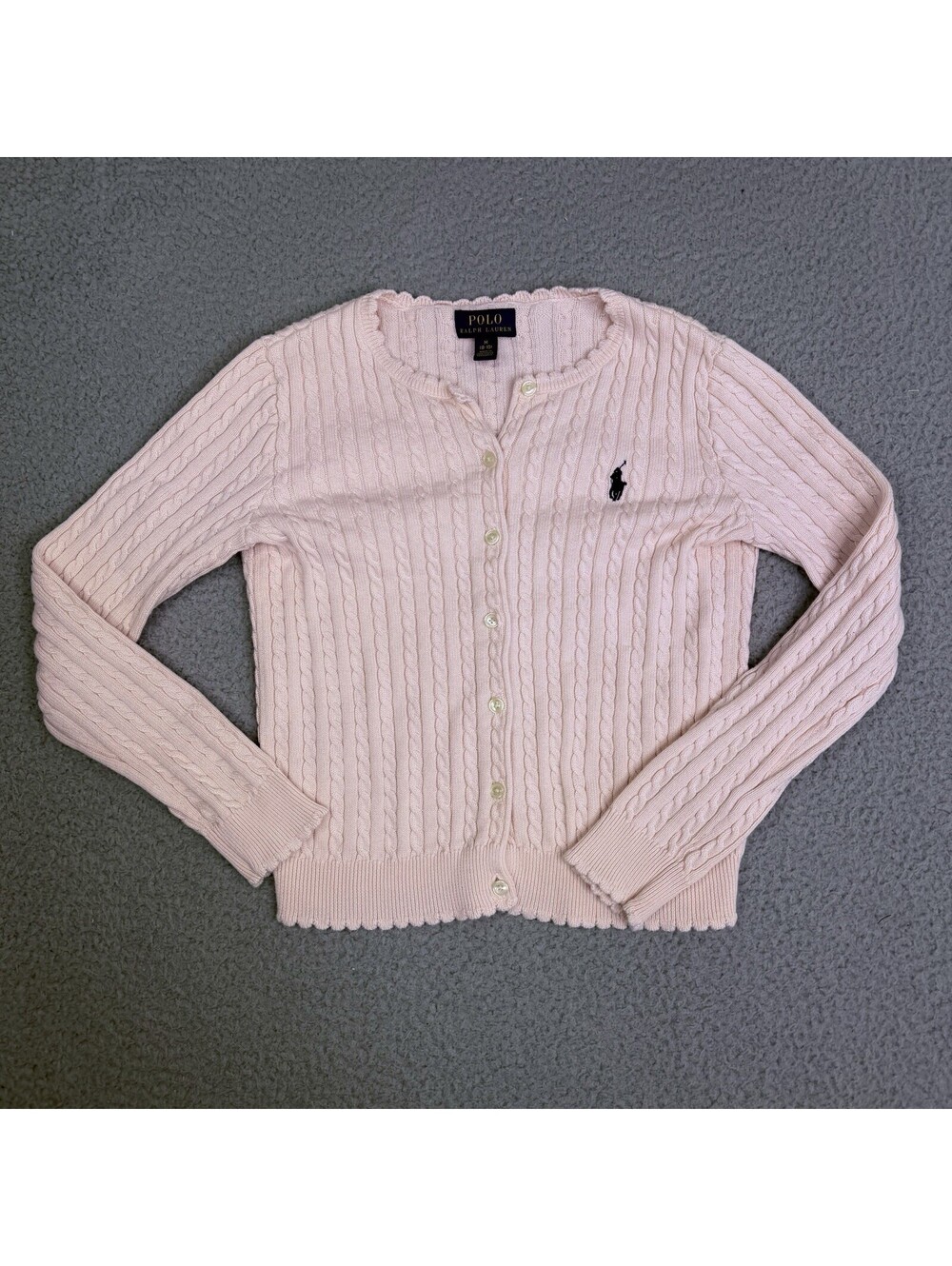 Polo Ralph Lauren Cardigan Sweater Girls M 8-10 Light Pink Cable Knit Scallop